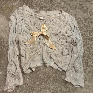 rave knit cottage fairy bow ribbon cardigan sz large cotton grey